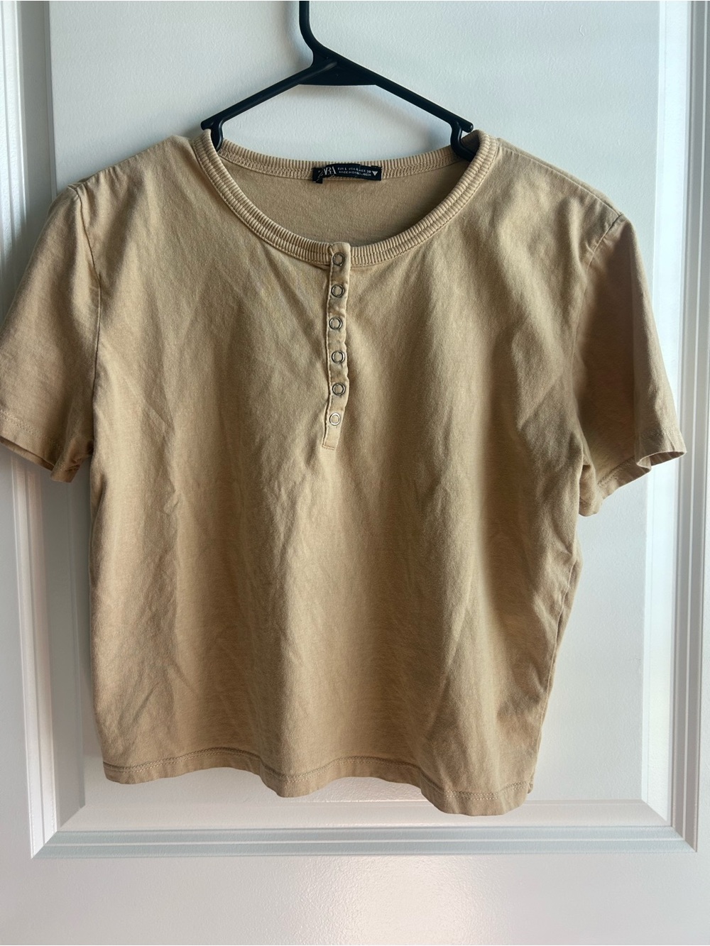 Zara Tan Button Henley Short Sleeve Crop Top Tee